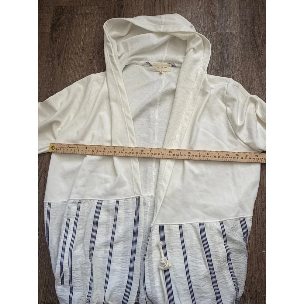 Mello Day Hooded Cardigan Womens Medium Cream Blue Striped Mixed Media Open Fron